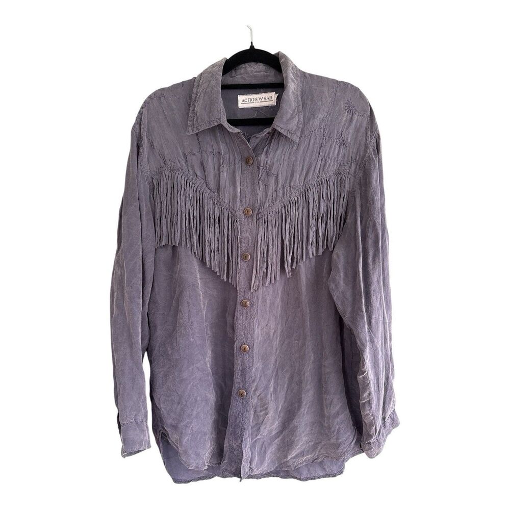 Vintage 80s Action Wear USA Silk Rayon Fringe Button Shirt Cowgirl Western Small